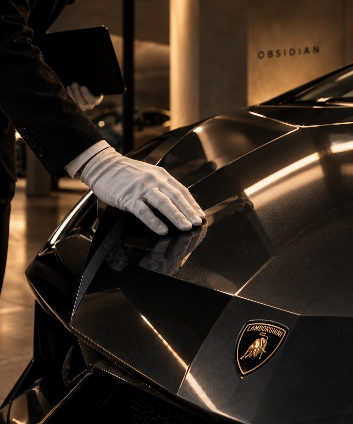 Mano con guante blanco revisando el capo de un Lamborghini oscuro